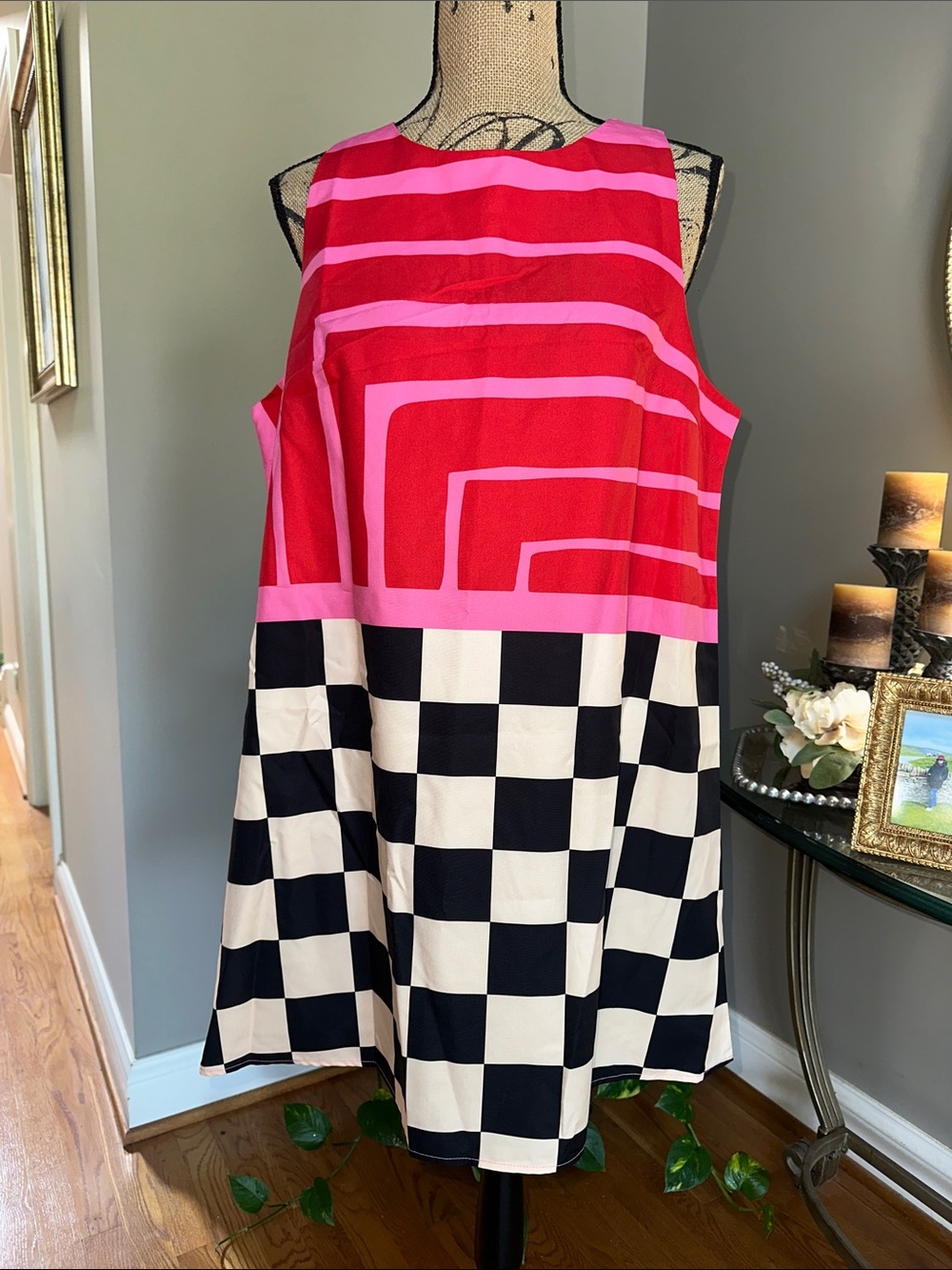 SHEIN Pink, Hot Pink & Black Geometric-Check Midi Dress NWOT size XL